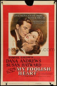 7t580 MY FOOLISH HEART 1sh '50 close up of Susan Hayward & Dana Andrews, written by J.D. Salinger!