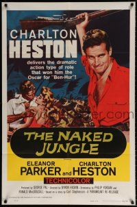 7t583 NAKED JUNGLE 1sh R60 romantic close up of Charlton Heston & Eleanor Parker, George Pal!