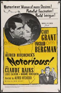 7t599 NOTORIOUS 1sh R54 Alfred Hitchcock, Ingrid Bergman shows fancy jeweled bracelet to Nazi!