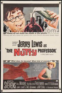 7t601 NUTTY PROFESSOR 1sh '63 wacky Jerry Lewis directs & stars w/pretty Stella Stevens!