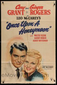 7t615 ONCE UPON A HONEYMOON 1sh '42 wonderful smiling portrait art of Ginger Rogers & Cary Grant!
