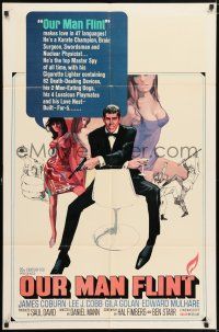 7t626 OUR MAN FLINT 1sh '66 Bob Peak art of James Coburn, sexy James Bond spy spoof!