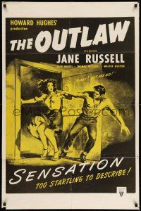 7t629 OUTLAW 1sh R50s great artwork of sexy Jane Russell & Jack Buetel, Howard Hughes!