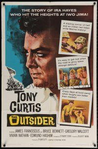 7t631 OUTSIDER 1sh '62 great close up art of Tony Curtis as Ira Hayes of Iwo Jima fame!