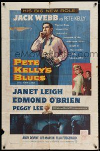 7t653 PETE KELLY'S BLUES 1sh '55 Jack Webb smoking & holding trumpet, sexy Janet Leigh!