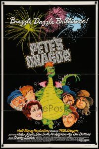 7t655 PETE'S DRAGON 1sh '77 Walt Disney, colorful art of cast headshots & dragon by Paul Wenzel!
