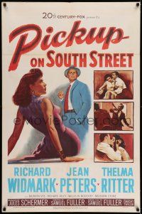 7t659 PICKUP ON SOUTH STREET 1sh '53 Richard Widmark & Jean Peters in Samuel Fuller noir classic!