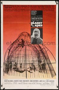 7t673 PLANET OF THE APES 1sh '68 Charlton Heston, classic sci-fi, cool art of caged humans!
