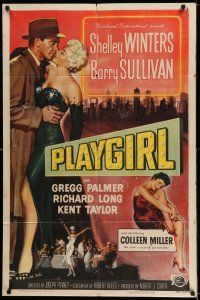 7t680 PLAYGIRL 1sh '54 Barry Sullivan, there's a price tag on sexy Shelley Winters' kisses!