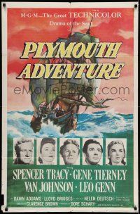 7t683 PLYMOUTH ADVENTURE 1sh '52 Spencer Tracy, Gene Tierney, cool art of ship at sea!