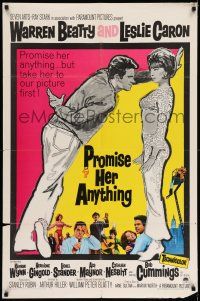 7t704 PROMISE HER ANYTHING 1sh '66 art of Warren Beatty w/fingers crossed & pretty Leslie Caron!
