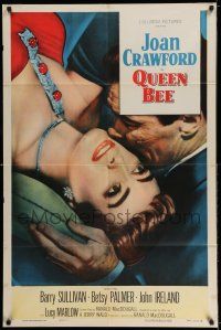 7t709 QUEEN BEE style B 1sh '55 c/u of sexy Joan Crawford being kissed by Barry Sullivan!