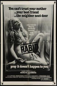 7t715 RABID 1sh '77 Marilyn Chambers, image of dead girl in refrigerator, Cronenberg directed!