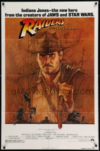 7t720 RAIDERS OF THE LOST ARK 1sh '81 art of adventurer Harrison Ford by Richard Amsel!
