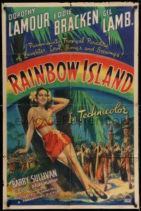 7t724 RAINBOW ISLAND 1sh '44 great art of super sexy Dorothy Lamour wearing sarong by palm tree!