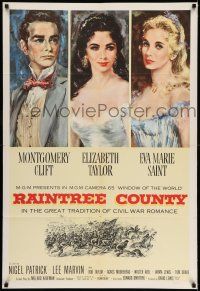 7t725 RAINTREE COUNTY 1sh '57 art of Montgomery Clift, Elizabeth Taylor & Eva Marie Saint!