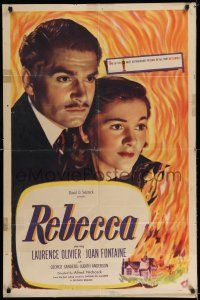 7t733 REBECCA 1sh R44 Alfred Hitchcock, art of Laurence Olivier & Joan Fontaine!