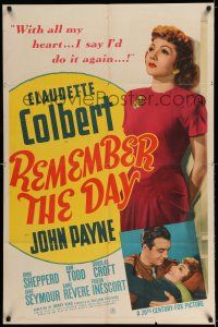 7t742 REMEMBER THE DAY 1sh '41 full-length pretty Claudette Colbert & held by John Payne!