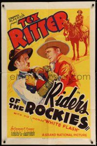 7t760 RIDERS OF THE ROCKIES 1sh '37 art of fastest fightin' & smoothest singin' Tex Ritter!