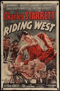 7t762 RIDING WEST 1sh '43 cool artwork of Charles Starrett fighting with Native American!