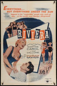 7t774 RIVIERA 1sh '54 sexy laughing Martine Carol in swimsuit lifted by Raf Vallone!