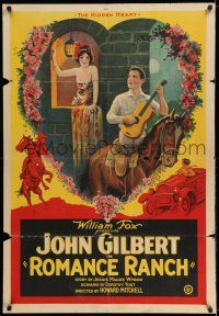7t796 ROMANCE RANCH 1sh '24 art of John Gilbert on horseback serenading Virginia Brown Faire!