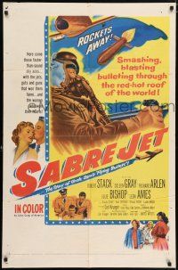 7t817 SABRE JET 1sh '53 Korean War pilot Robert Stack, smashing through the roof of the world!