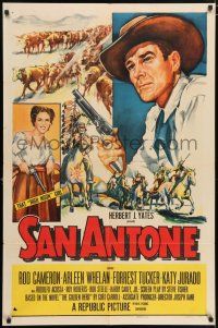 7t820 SAN ANTONE 1sh '53 artwork of cowboy Rod Cameron & Katy Jurado, both holding guns!