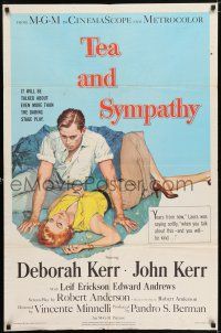 7t891 TEA & SYMPATHY 1sh '56 great artwork of Deborah Kerr & John Kerr by Gale, classic tagline!