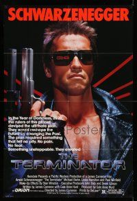 7t894 TERMINATOR 1sh '84 close up of classic cyborg Arnold Schwarzenegger with gun!