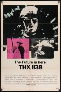 7t907 THX 1138 1sh '71 first George Lucas, Robert Duvall, bleak sci-fi, double inset images!