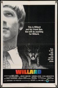 7t968 WILLARD int'l 1sh '71 creepy close up of Bruce Davison with pet rat on shoulder!