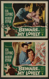 7w926 BEWARE MY LOVELY 3 LCs '52 film noir, Ida Lupino is trapped by Robert Ryan!