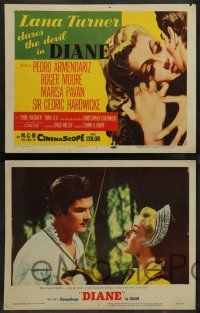 7w188 DIANE 8 LCs '56 sexiest Lana Turner in title role, young Roger Moore, Pedro Armendariz!
