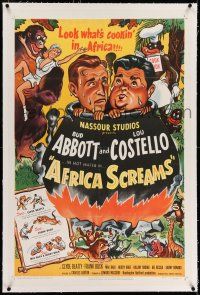7x007 AFRICA SCREAMS linen 1sh '49 art of natives cooking Bud Abbott & Lou Costello in cauldron!