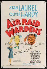 7x008 AIR RAID WARDENS linen 1sh '43 great Hirschfeld art of Stan Laurel & Oliver Hardy saluting!