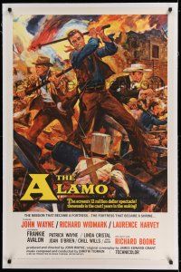 7x009 ALAMO linen 1sh '60 Brown art of John Wayne & Widmark in Texas War of Independence!