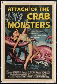 7x023 ATTACK OF THE CRAB MONSTERS linen 1sh '57 Roger Corman, art of sexy girl attacked by beast!