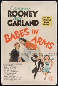 7x025 BABES IN ARMS linen style D 1sh '39 Mickey Rooney, Judy Garland, great Hirschfeld art!
