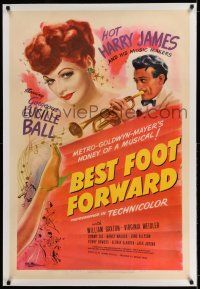 7x035 BEST FOOT FORWARD linen style D 1sh '43 art of Lucille Ball & Harry James playing trumpet!