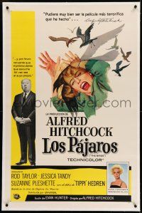 7x041 BIRDS linen Spanish/U.S. 1sh '63 Alfred Hitchcock shown, Tippi Hedren, classic attack artwork!
