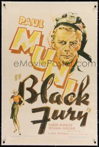7x042 BLACK FURY linen 1sh '35 art of coal miner union organizer Paul Muni, Michael Curtiz!