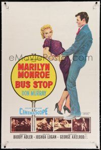 7x061 BUS STOP linen 1sh '56 full-length art of cowboy Don Murray holding sexy Marilyn Monroe!