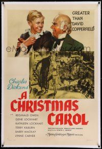 7x082 CHRISTMAS CAROL linen style C 1sh '38 Charles Dickens Xmas classic, art of Scrooge & Tiny Tim