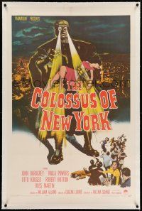 7x090 COLOSSUS OF NEW YORK linen 1sh '58 great art of robot monster holding sexy girl & attacking!