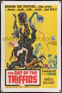 7x102 DAY OF THE TRIFFIDS linen 1sh '62 classic English sci-fi horror, cool art of monster w/ girl!
