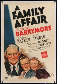 7x127 FAMILY AFFAIR linen 1sh '37 art of Lionel Barrymore, first Andy Hardy w/o Rooney pictured!