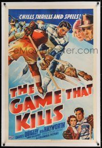 7x140 GAME THAT KILLS linen 1sh '37 cool art of thrilling ice hockey game, plus sexy Rita Hayworth!