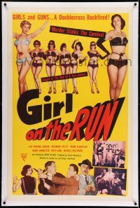 7x146 GIRL ON THE RUN linen 1sh '53 great images of sexy half-dressed strippers & tough gangsters!
