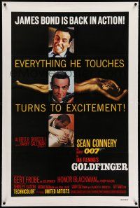 7x152 GOLDFINGER linen 1sh R80 three great images of Sean Connery as James Bond 007 + golden girl!